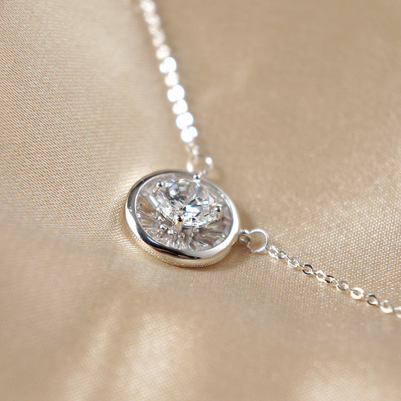 Silver-tone circle pendant necklace with zircon stones