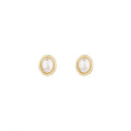 Oval pearl-style stud earrings with gold-tone rim