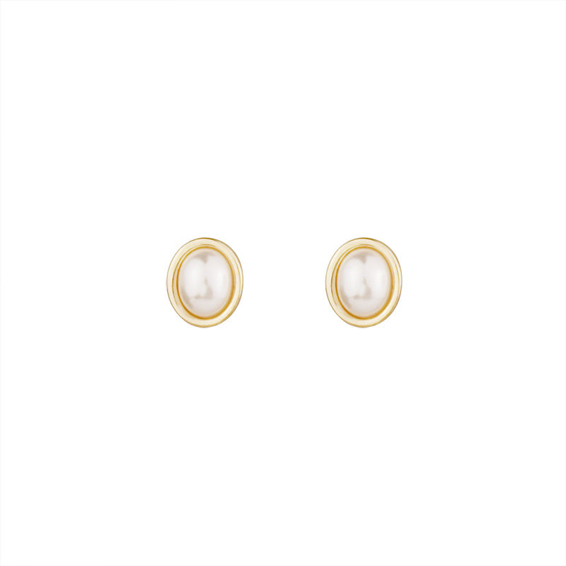 Oval pearl-style stud earrings with gold-tone rim