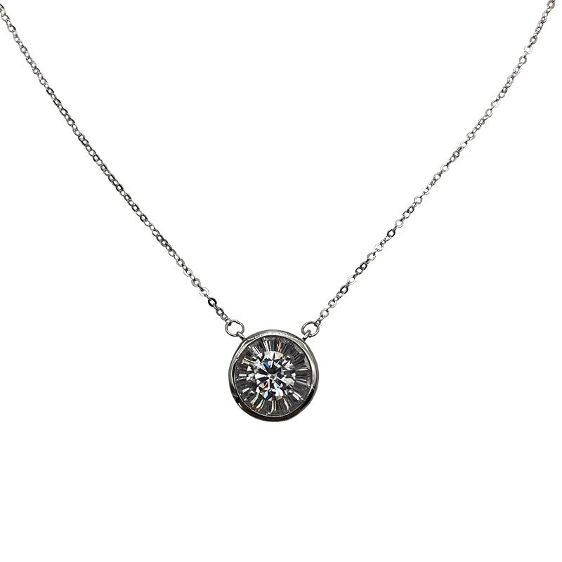 Silver-tone circle pendant necklace with zircon stones
